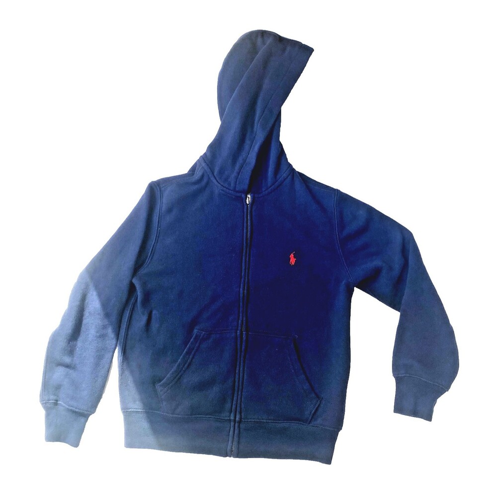 Polo Ralph Lauren Boys Navy Blue Full Zip Hoodie Sweatshirt Red Pony Youth Small